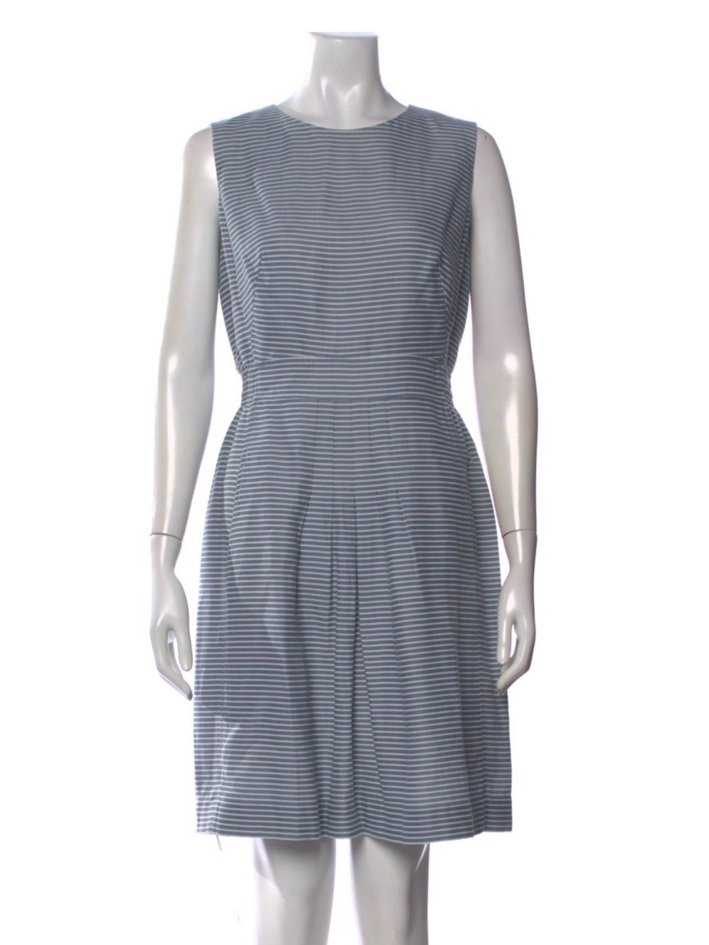 Vintage Akris Punto Blue & White Striped 100% Cotton Pleated Dress Size US 8